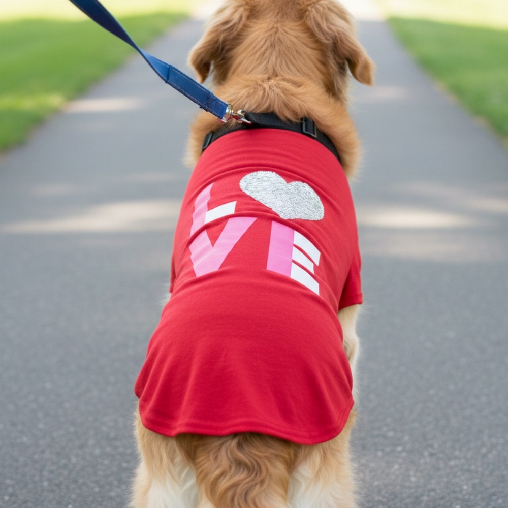 🆕UNIQUE PETZ: Red Dog T-Shirt with White Sequins Heart Design “LOVE”- Sz XL
